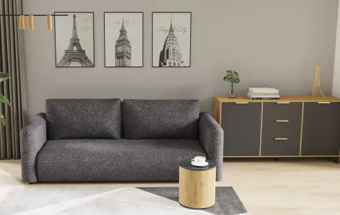 Salon - kanapa Softina (boucle grafit) i kolekcja Floryda (grafit/dąb soma ciemny)