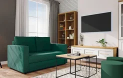 Salon - sofa 2 os. rozkł. Milano (plusz zielony) kolekcja Hawana (biały lakier mat/dąb soma ciemny)