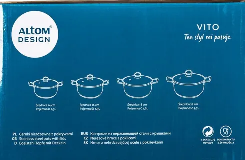 Zestaw czterech garnków satynowych z pokrywkami Vito